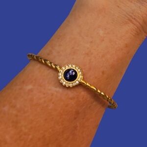 Dainty Twisted Goldtone Faux Blue Gem  Bangle Bracelet